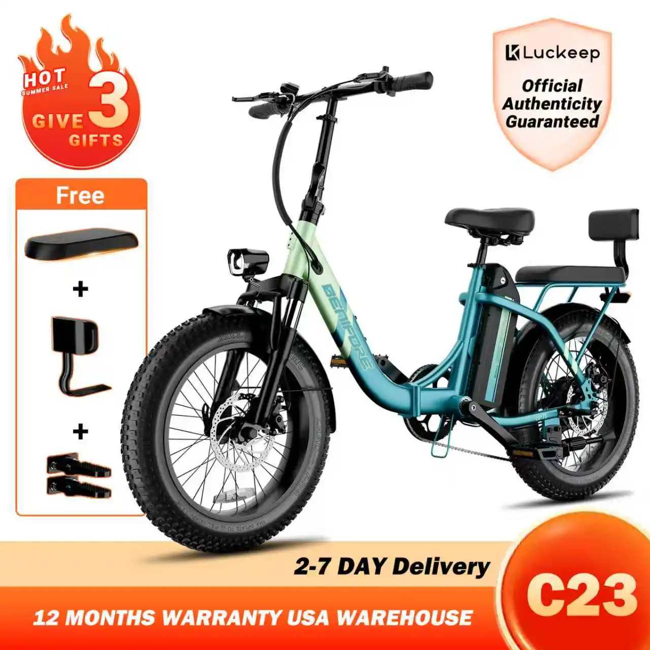 Luckeep C23 2-Seater Electric Bike for Adults,750W Peak Motor 28 MPH,720WH Removable Battery 65Miles Step-Thru Folding Ebikes