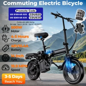 LELEKUAI 500W Adult Electric Bike, 20 MPH, 48V 12Ah Removable Battery, 14 Inch Folding Electric Bike, Multi-Shock Absorption